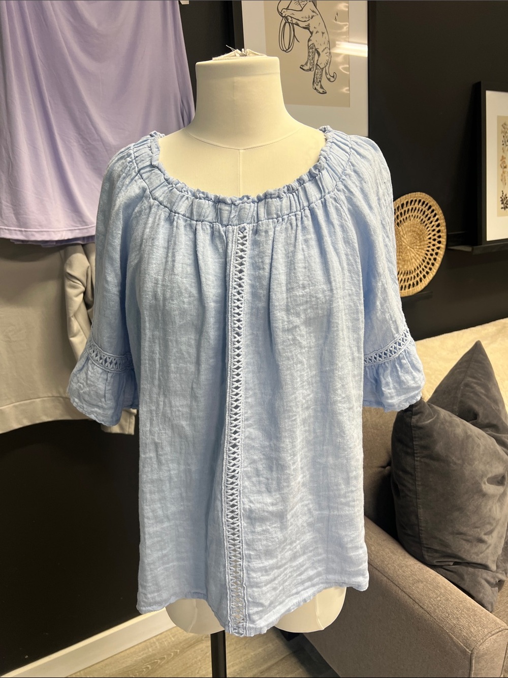 100% Linen Light Blue Peasant Blouse with Crochet Trim - Women